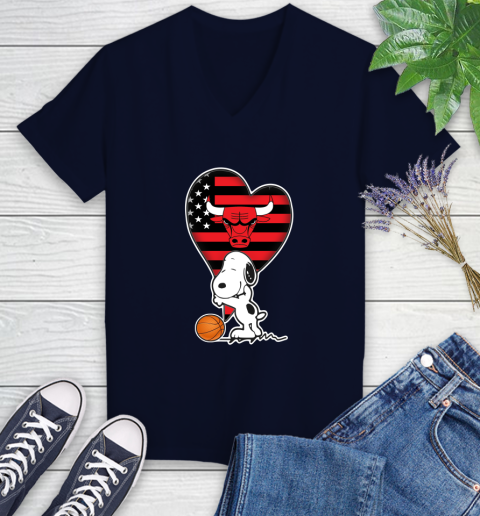 Chicago Bulls NBA Basketball The Peanuts Movie Adorable Snoopy Women's V-Neck T-Shirt 3
