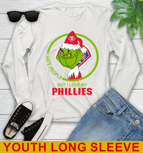 Philadelphia Phillies MLB Christmas Grinch I Hate People But I Love My Favorite Baseball Team Youth Long Sleeve 12