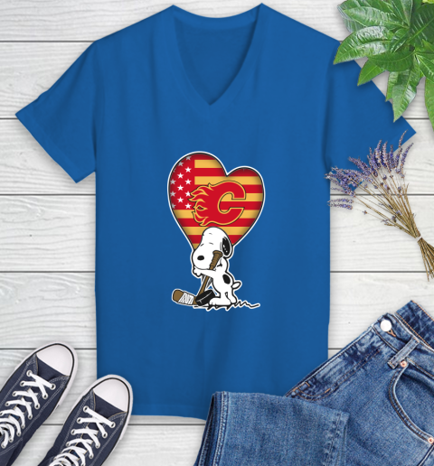 Calgary Flames NHL Hockey The Peanuts Movie Adorable Snoopy Women's V-Neck T-Shirt 10