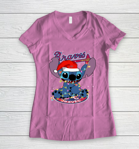 Atlanta Braves MLB noel stitch Baseball Christmas Women's V-Neck T-Shirt 8