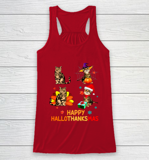 Cat Halloween Thanksgiving Christmas Happy Hallothanksmas Racerback Tank 4
