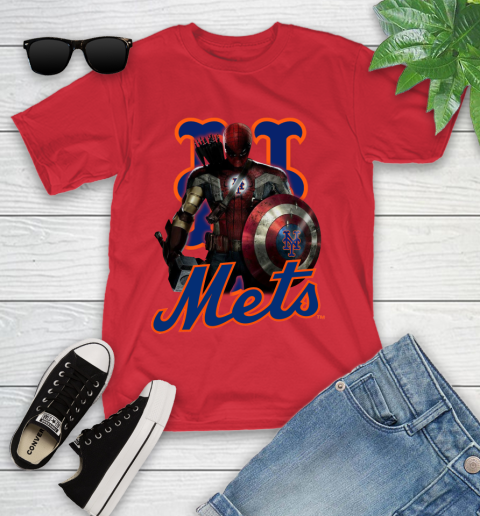 MLB Captain America Thor Spider Man Hawkeye Avengers Endgame Baseball New York Mets Youth T-Shirt 10