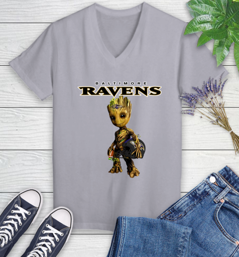 Baltimore Ravens NFL Football Groot Marvel Guardians Of The Galaxy Women's V-Neck T-Shirt 4