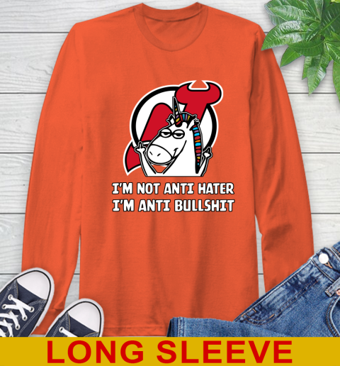 New Jersey Devils NHL Hockey Unicorn I'm Not Anti Hater I'm Anti Bullshit Long Sleeve T-Shirt 5