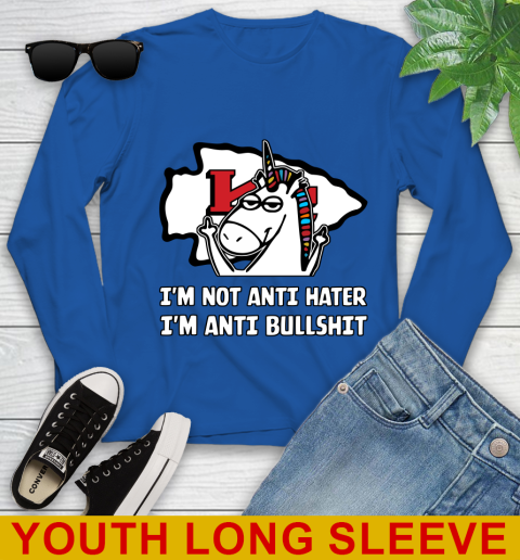 Kansas City Chiefs NFL Football Unicorn I'm Not Anti Hater I'm Anti Bullshit Youth Long Sleeve 10