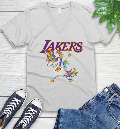 Los Angeles Lakers NBA Basketball Funny Unicorn Dabbing Sports V-Neck T-Shirt