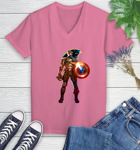 NFL Captain America Marvel Avengers Endgame Football Sports Carolina Panthers Women's V-Neck T-Shirt 13