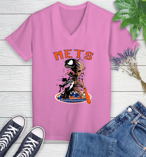 MLB New York Mets Baseball Venom Groot Guardians Of The Galaxy Women's V-Neck T-Shirt 14