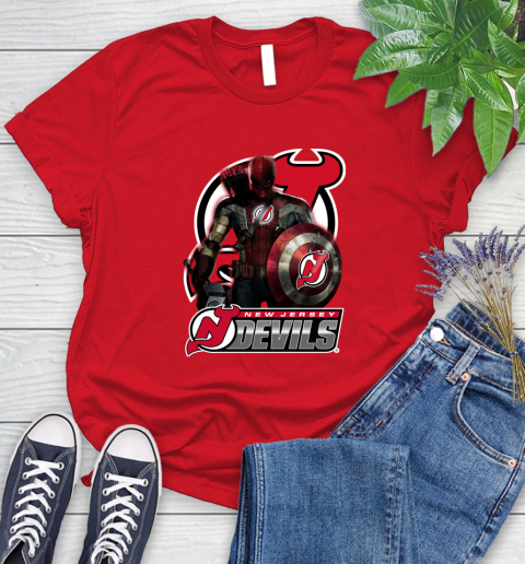 NHL Captain America Thor Spider Man Hawkeye Avengers Endgame Hockey New Jersey Devils Women's T-Shirt 9