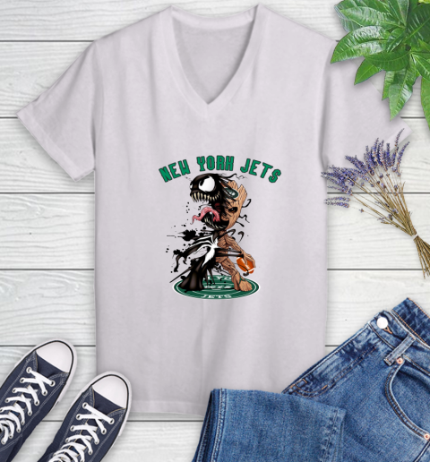 NFL New York Jets Football Venom Groot Guardians Of The Galaxy Women's V-Neck T-Shirt