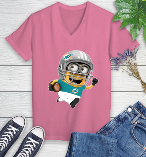 NFL Miami Dolphins Minions Disney Football Sports Women's V-Neck T-Shirt 13