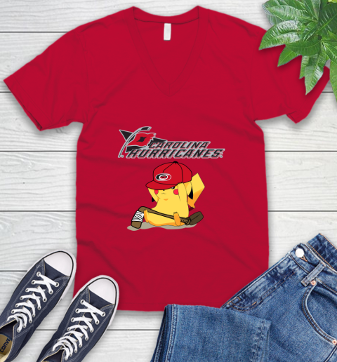 NHL Pikachu Hockey Sports Carolina Hurricanes V-Neck T-Shirt 7