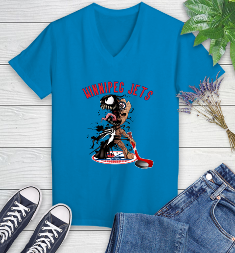 NHL Winnipeg Jets Hockey Venom Groot Guardians Of The Galaxy Women's V-Neck T-Shirt 7