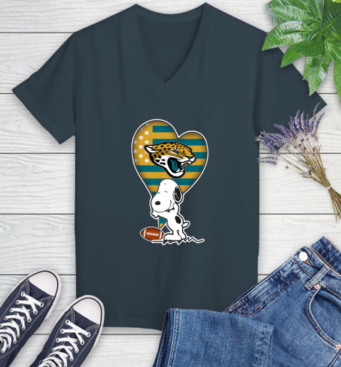 Jacksonville Jaguars NFL Football The Peanuts Movie Adorable Snoopy Women's V-Neck T-Shirt 8