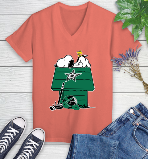 Dallas Stars NHL Hockey Snoopy Woodstock The Peanuts Movie Women's V-Neck T-Shirt 6