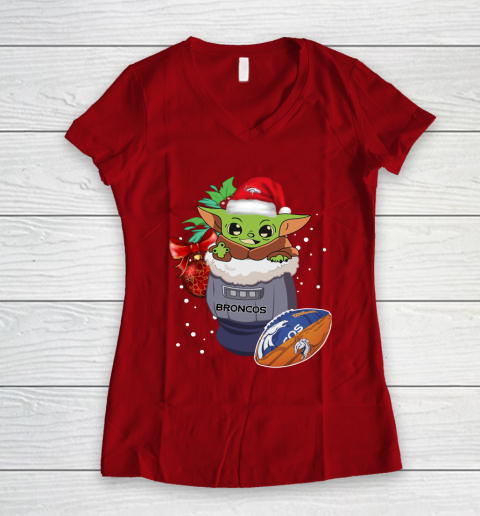 Denver Broncos Christmas Baby Yoda Star Wars Funny Happy NFL Women's V-Neck T-Shirt 10