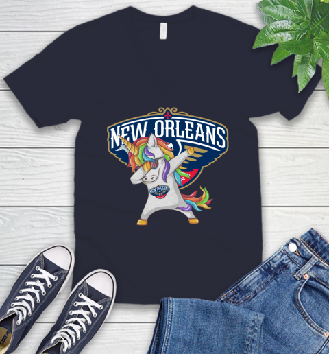 New Orleans Pelicans NBA Basketball Funny Unicorn Dabbing Sports V-Neck T-Shirt 3