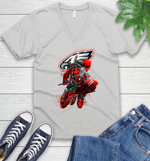 NFL Deadpool Marvel Comics Sports Football Philadelphia Eagles V-Neck T-Shirt