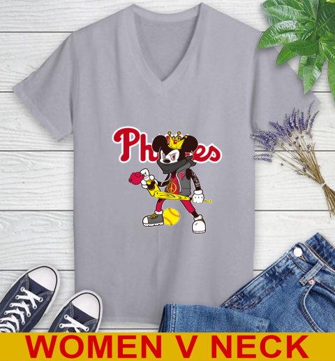 Philadelphia Phillies MLB Baseball Mickey Peace Sign Sports Women's V-Neck T-Shirt 5