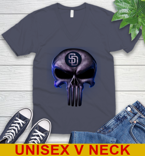 San Diego Padres MLB Baseball Punisher Skull Sports V-Neck T-Shirt 7