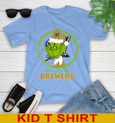 Milwaukee Brewers MLB Christmas Grinch I Hate People But I Love My Favorite Baseball Team Youth T-Shirt 11