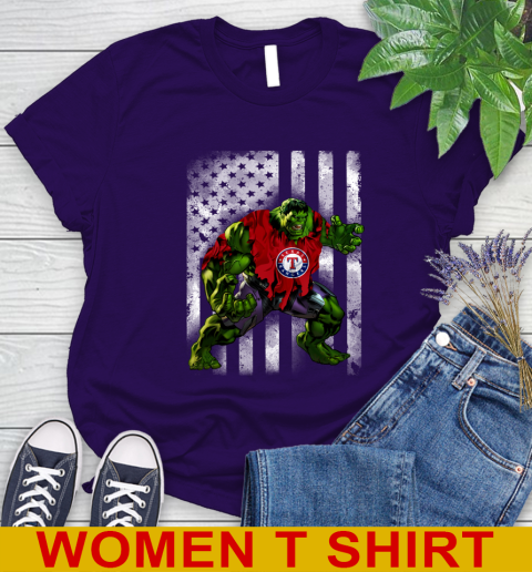 Texas Rangers Hulk Marvel Avengers MLB Baseball American Flag Women's T-Shirt 4