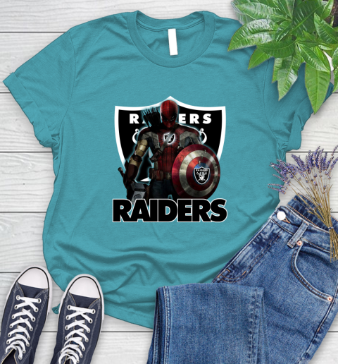 NFL Captain America Thor Spider Man Hawkeye Avengers Endgame Football Oakland Raiders Women's T-Shirt 12