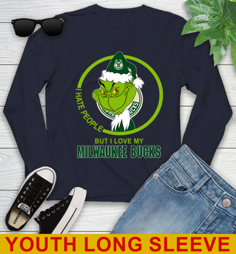 Milwaukee Bucks NBA Christmas Grinch I Hate People But I Love My Favorite Basketball Team Youth Long Sleeve 3