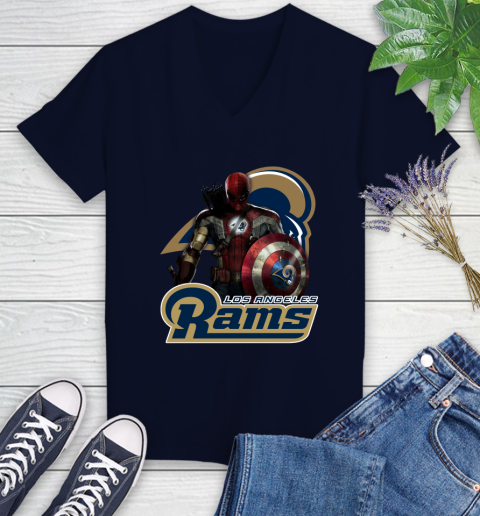 NFL Captain America Thor Spider Man Hawkeye Avengers Endgame Football Los Angeles Rams Women's V-Neck T-Shirt 3