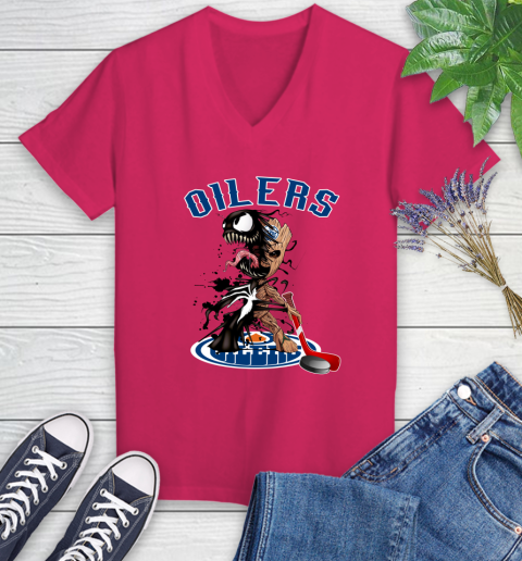 NHL Edmonton Oilers Hockey Venom Groot Guardians Of The Galaxy Women's V-Neck T-Shirt 9