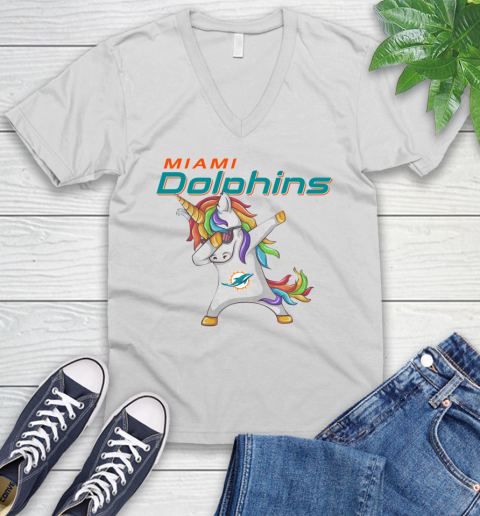 Miami Dolphins NFL Football Funny Unicorn Dabbing Sports V-Neck T