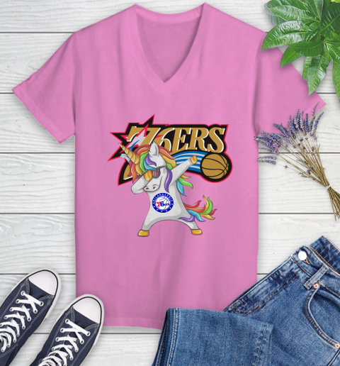 Philadelphia 76ers NBA Basketball Funny Unicorn Dabbing Sports Women's V-Neck T-Shirt 14