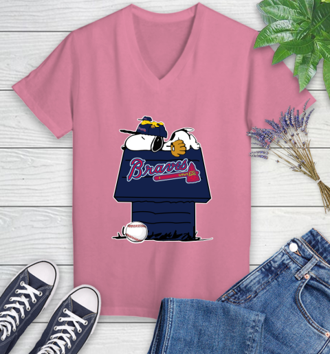 MLB Atlanta Braves Snoopy Woodstock The Peanuts Movie Baseball T Shirt Women's V-Neck T-Shirt 13