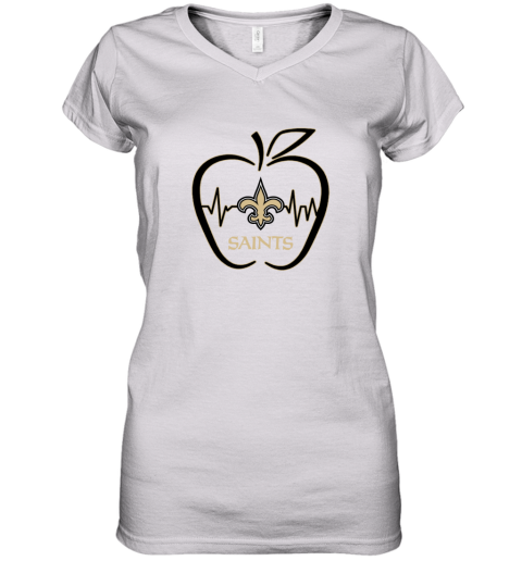 Apple Heartbeat Teacher Symbol New Orleans Saints V-Neck T-Shirt 