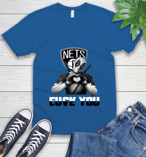 NBA Brooklyn Nets Deadpool Love You Fuck You Basketball Sports V-Neck T-Shirt 5