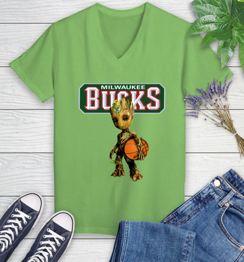 Milwaukee Bucks NBA Basketball Groot Marvel Guardians Of The Galaxy Women's V-Neck T-Shirt 11