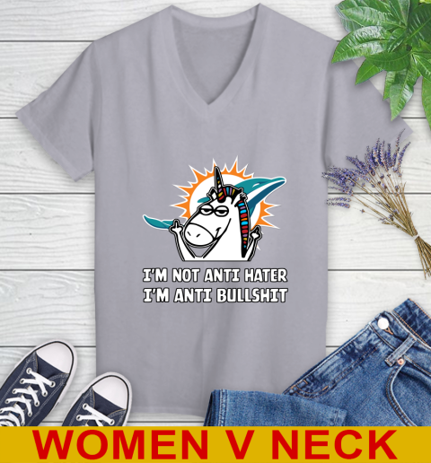 Miami Dolphins NFL Football Unicorn I'm Not Anti Hater I'm Anti Bullshit Women's V-Neck T-Shirt 5