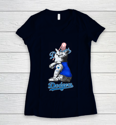 MLB Baseball My Cat Loves Los Angeles Dodgers Women's V-Neck T-Shirt 2