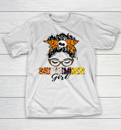September Girl Woman Face Wink Eyes Halloween Skull Pumpkin T-Shirt
