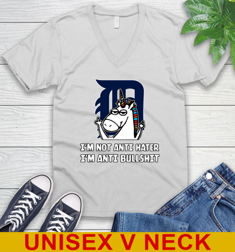 Detroit Tigers MLB Baseball Unicorn I'm Not Anti Hater I'm Anti Bullshit V-Neck T-Shirt