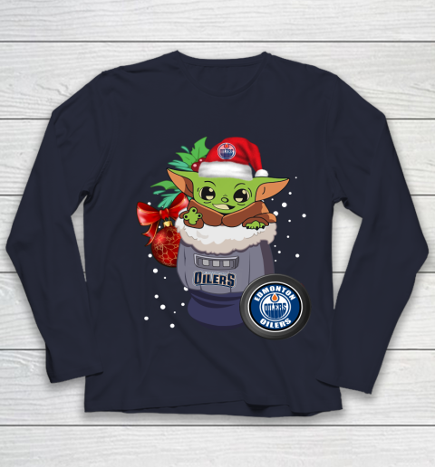 Edmonton Oilers Christmas Baby Yoda Star Wars Funny Happy NHL Youth Long Sleeve 3