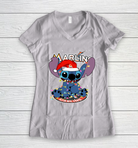 Miami Marlins MLB noel stitch Baseball Christmas Women's V-Neck T-Shirt