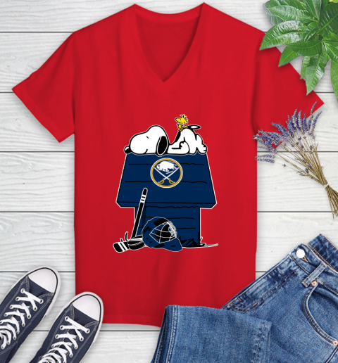 Buffalo Sabres NHL Hockey Snoopy Woodstock The Peanuts Movie Women's V-Neck T-Shirt 12