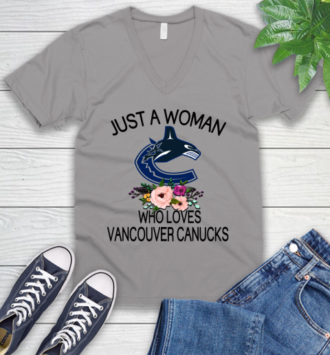 NHL Just A Woman Who Loves Vancouver Canucks Hockey Sports V-Neck T-Shirt 2
