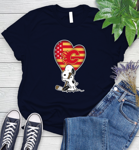 Calgary Flames NHL Hockey The Peanuts Movie Adorable Snoopy Women's T-Shirt 3