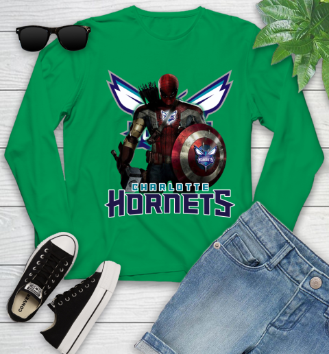 Charlotte Hornets NBA Basketball Captain America Thor Spider Man Hawkeye Avengers Youth Long Sleeve 6
