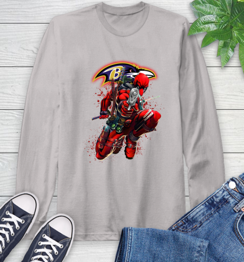 NFL Deadpool Marvel Comics Sports Football Baltimore Ravens Long Sleeve T-Shirt 12