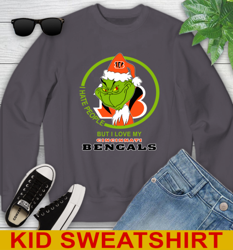 Cincinnati Bengals NFL Christmas Grinch I Hate People But I Love My Favorite Football Team Youth Sweatshirt 6