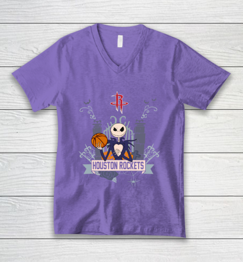 NBA Houston Rockets Basketball Jack Skellington Halloween V-Neck T-Shirt 8