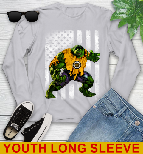 Boston Bruins Hulk Marvel Avengers NHL Hockey American Flag Youth Long Sleeve 5